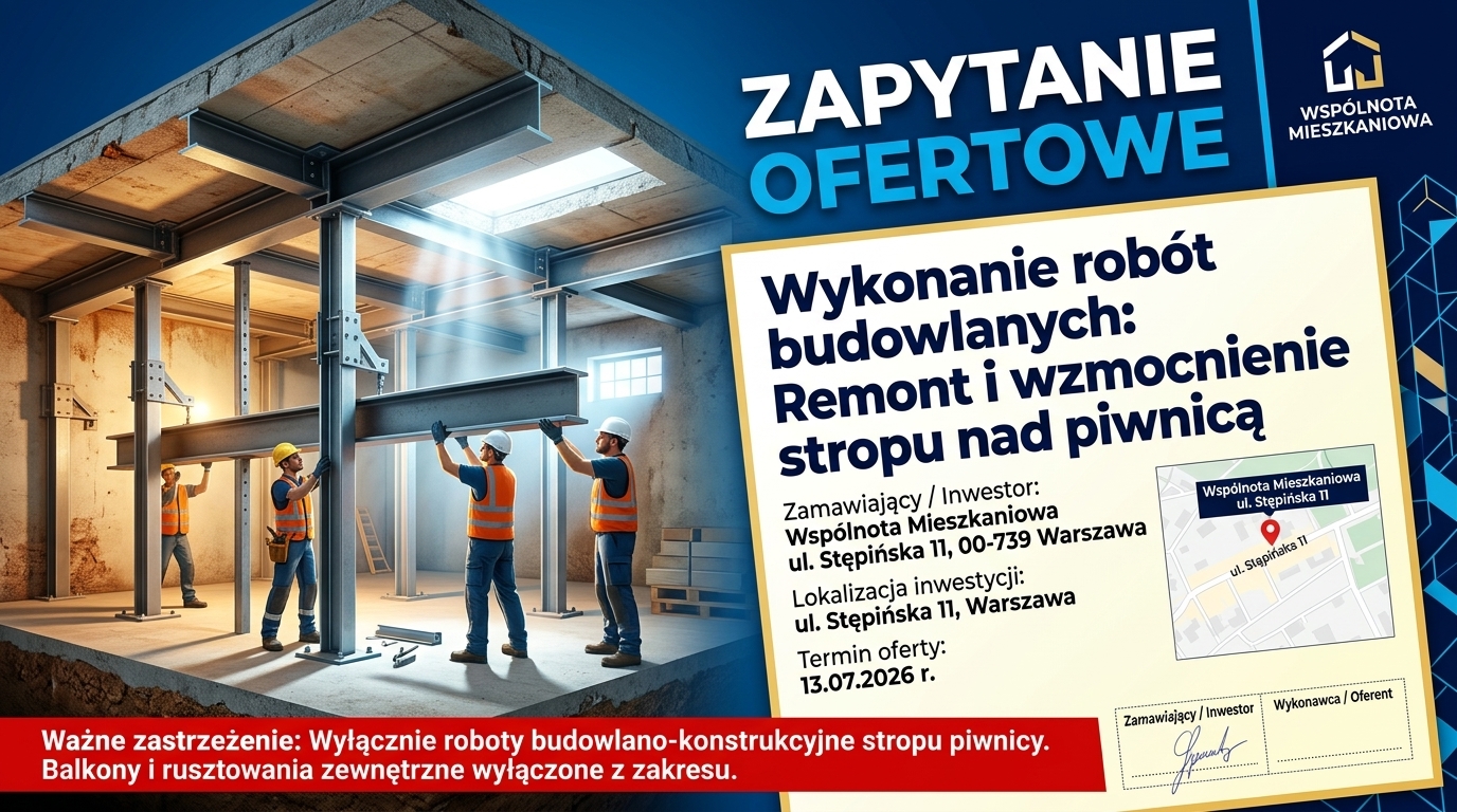Read more about the article Zapytanie ofertowe: Wykonanie wzmocnienia stropu piwnicy | Warszawa, ul. Stępińska 11
